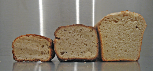 Three sourdough loaves, cut open, to show improvement after successive bakes