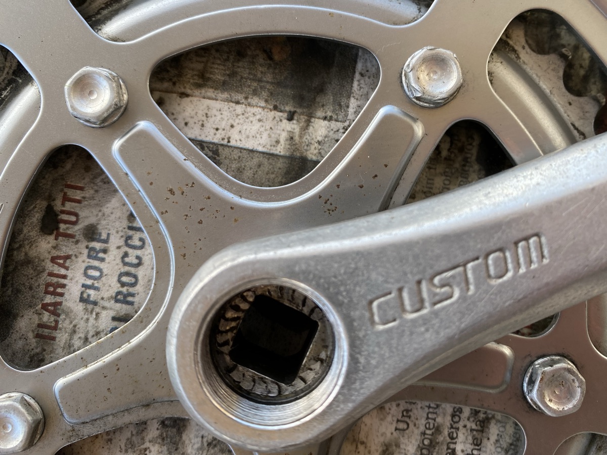 Close up of chain wheel showing bolts that are actually rivets made to look like bolts