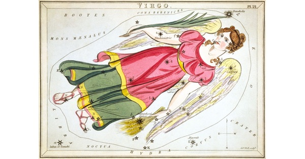 Engraving of the constellation Virgo, showing a winged young woman in a red dress and green underskirt holding a palm branch in her right hand and in her left a sheaf of wheat, corresponding to the the star Spica, as shown in Plate 21 of Urania's Mirror, published 1824.