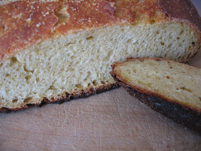 Slice of bread with somewhat burned bottom and closed crumb